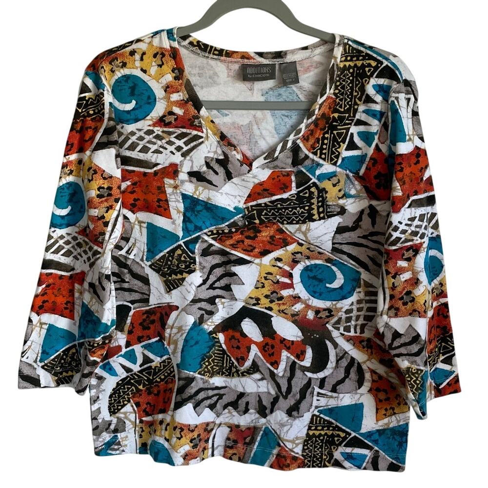 Chico’s Additions 100% Cotton Top Sz Large V-Neck Abstract Colorful Artsy Boho